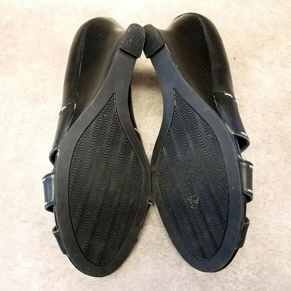 Merona Womens Alexa  Size 7.5 Black  Leather Slip On Peep Toe 3" Wedge Heels - Picture 8 of 10